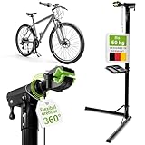 Juskys Fahrrad Reparaturständer, bis 50 kg für E-Bike, klappbar & höhenverstellbar, Klemmkopf 360° drehbar, Gummibeschichtung & Werkzeugablage, Schwerlast Fahrradständer für 24 bis 29 Zoll Fährräder