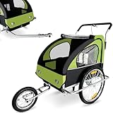 SAMAX Fahrradanhänger Jogger 2in1 Kinderanhänger Kinderfahrradanhänger Transportwagen vollgefederte Hinterachse für 2 Kinder in Grün/Schwarz - Silver Frame