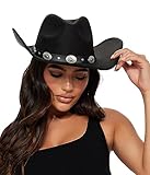 Eohak Cowboyhut für Damen, mit Nieten, breite Krempe, Gaucho-Hut, knautschbarer Fedora-Hut mit Gürtelschnalle, Größe M/L, Schwarz 3, M