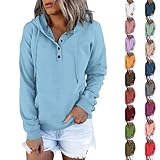 Damen Hoodies Plus Size Sweatshirts Schwarz Pullover Basic Langarm Tops Casual Trendy Tee Shirt Knopf Bluse Kleidung mit Tasche, grau, M