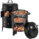 Dibaful 3in1 Holzkohlegrill Smoker Räucherofen Grill mit Thermometer und Regulierbarem Luftabzug am Deckel | Räuchertonne Wasserschale zum Dampfgaren Holzkohle Grill mit Kohleschale und Ascherost