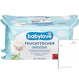 Babylove Feuchttücher sensitive 160 Tücher, Ohne Alkohol, Ohne Parfum, Vegan, pH-hautneutral (2x80St) + Halley Bedding Notizblock Set