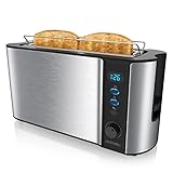 Arendo - Toaster Langschlitz Edelstahl - 2 Scheiben - Defrost Funktion - Wärmeisolierendes Doppelwandgehäuse - mit Brötchenaufsatz - herausziehbare Krümelschublade - Silber Edelstahl