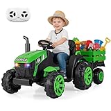 COSTWAY Elektro Traktor mit Anhänger, 24V Aufsitztraktor elektrisch inkl. Fernbedienung, Kindertraktor mit Musik, USB, Sanft-Start & LED-Scheinwerfern, Elektrotraktor für Kinder ab 3 Jahren