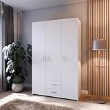 FORTE ECONOBOX Kleiderschrank 120, 3-türiger Drehtürenschrank mit 2 Schubladen, Holzwerkstoff, Weiß, 119,4 cm breit, 190,5 cm hoch, 54,4 cm tief
