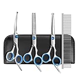 GEMEK Professionelle Pflegeschere für Hunde mit runden Sicherheitsspitzen, Hundepflege Schere Set - Ausdünnen, gerade, gebogene Schere und Kamm für lange kurze Haare für Hund Katze Haustier