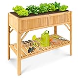 Arebos Hochbeet aus Holz mit Ablagefach | für Garten, Balkon und Terrasse | Innenleben mit Schutzvlies ausgestattet | 119 x 53 x 90 cm | Pflanzkasten & Blumenkasten | Pflanzbeet, Frühbeet