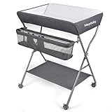 Maydolly Baby Klappbar Wickelkommode，Mobiler Wickeltisch mit Rollen und Wickelauflage,Wasserdicht und Höhenverstellbar，Baby Wickelkombi mit Ablagefächern(dunkelgrau)