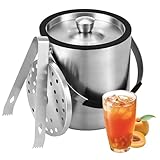 Nuangoo 2L Eiswürfelform, Eiskübel mit Deckel,Eiswürfelbehälter Edelstahl mit Clips und Sieb, ideal für Partys, Bier, Cocktailbars, Champagner und Obst,zur zum Kühlen von Getränken