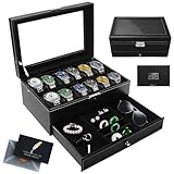 KIMIGO Uhrenbox mit 2 Ebenen,Uhrenbox Schmuck Uhr Aufbewahrungsbox mit Glasdeckel,Uhrenkasten schmuckkästchen Uhrenkoffer 12 Fächer und 1 Schublade für Uhren,Ringe,Geschenk für Freund,Vatertag