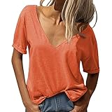 Damen-T-Shirt, Größe 40, Halsausschnitt, kurzärmelig, einfarbig, lässig, lockeres Basic-T-Shirt, rot, XL