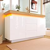 Kayan Kommode, Hochglanz Sideboard mit 2 Türen und 3 Schubladen, LED Beleuchtung (App Control), Mehrzweckschrank für Wohnzimmer und Schlafzimmer, 140 x 39 x 81 cm, Weiß