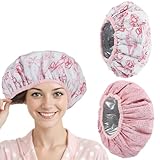 JJUNW Deep Conditioning Hair Cap, 2 Stück Duschhaube für Damen, Wasserdichte und Wiederverwendbare Duschhauben Haarhaube Färben für Mädchen Dame Schütze Die Haare(Streifen+Blumen)