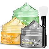 3 Stück Ton-Gesichtsmasken Kit,Kurkuma Gesichtsmaske,Grüner Tee Ton Maske,Totes Meer Mineralien Schlamm Maske, Gesichtspeeling,Poren Verkleinern,Feuchtigkeitsspendende,Reinigende Hautpflege,300g