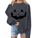 Pulli Bauchfrei Damen Halloween-Sweatshirts für Frauen 2024 süßes Kürbisgesicht Fledermaus Grafik Rundhals Langarmshirt Top Freunde Pullover (Grey, L)