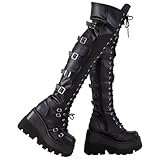 tinetill Damen Plateaustiefel Winter Schwarz Gothic Punk Overknee Stiefel Reißverschluss Kniehohe Stiefel Schnürstiefel Lange Stiefel mit Blockabsatz Winterstiefel Boots