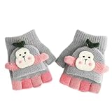 Kinder Halbfinger Handschuhe,Fingerlose Fingerhandschuhe mit Flip Top,Jungen Mädchen Winter Handschuhe,Winter Cartoon Fingerhandschuhe,Winterhandschuhe,Kinder Winter Strickhandschuhe (Grau)