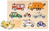 Goki 57996 Steckpuzzle Kinder Holzpuzzle mit Feuerwehr, Polizei, Bagger & weiteren, natürlicher Holzhintergrund, 8er Set, bunten Fahrzeugen |, Spielzeug ab 1 Jahr