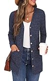 GRECERELLE Damen Leichter Cardigan mit V-Ausschnitt Strickjacke Damen lang Strickjacken Damen mit Taschen und Knöpfen (Marineblau, M)