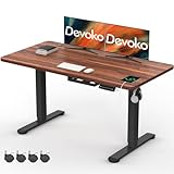 Devoko Höhenverstellbarer Schreibtisch 120x60 cm mit Kabel Management Tray, 2 Memory mit USB Steckdose, LED-Anzeige Mobiler Computertisch mit Sitz-/Steh-Erinnerung, mit 360°Rollen,Walnuss