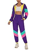 UOUA Frauen Farbe Block 2 Stück 80er 90er Outfits Langärmel Windbreaker Jacke Trainingsanzug Set Lila XXL