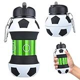 CEWROM Faltbare Trinkflasche Kinder 550ml BPA-frei - Sportflasche mit Karabiner & Fußball-Design - Spülmaschinenfest & Auslaufsicher für Schule, Camping & Outdoor