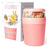 MüSlibecher to go,Jogurtbecher für Unterwegs mit löffel,Auslaufsicherer Joghurt groß(250ML+500ML) Spülmaschinenfest Lunchpot,Müsli Becher für Arbeit, Schule,Picknick Reisen (Pink)