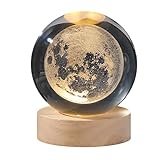 GDWD 3D Kristallkugel Nachtlicht, Nachtszene Astronomie LED Ball Lampe Mit Holzsockel, USB Aufladung Sonnensystem Planet Glaskugel, Geburtstag Kinder Geschenke,Tisch Party Deko (6cm Mond)