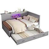 Schlafsofa Daybett mit LED-Leuchten und Steckdose + USB, Tagesbett mit Bettseitiges Staufach und Ausziehbares Bett, Ohne Matratze, 140 * 200cm (Grau)