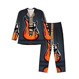 ERSDWRE Herren-Schlafanzug-Set mit orangefarbenem E-Gitarren-Aufdruck, langärmelig, Knopf, Pyjama-Set für Herren, warme Loungewear, Schwarz , XL