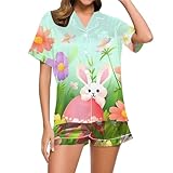 Eauptffy Schlafanzug Mädchen, Pyjama Set Damen Kurz, Pyjama Set Shorty Zweiteilige Nachtwäsche Set Umlegekragen mit Knöpfe Homewear Komfort Lässige Kurzarm Shirt und Short Negligé Aufdruck Sommer