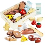 Smartwo Kinderküche Zubehör Holz Lebensmittel zum Schneiden, Spielküche Zubehör Frühstück Set, Küchenzubehör für Rollenspiele, Holzspielzeug Küche 12PCS, Geschenk für Mädchen Jungen ab 2 Jahre
