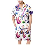 Herren Casual Fashion Carnival Print Hemd und Shorts Set Sportswear Anzug (White, S)