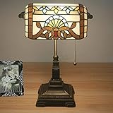 VouTE Banker-Lampe, Schreibtischlampe, Barock-Stil, Buntglas-Tischlampe, 38,1 cm hoch, Lampe für Nachttisch, Schlafzimmer, Bibliothek, Wohnzimmer, Zugkettenschalter, Legierungssockel (D)