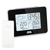 ADE Digitale Wetterstation Funk mit Außensensor | Innen und Außentemperatur | Luftfeuchtigkeitsmesser | animierte Wettervorhersage | Funkwecker mit Schlummerfunktion | schwarz