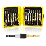 FOCSTOL Kombi Gewindebohrer Set - Titan Kombinationsbohrer Gewindebohrer Set zum Bohren Gewindeschneiden und Senken Eisen Aluminium Kupfer Metall 13 Stück (6-32NC bis 1/4-20NC und M3 bis M10)
