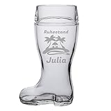 LUXENTU Bierstiefel mit Gravur, Bierglas mit 1,0 Liter Füllstrich, Personalisiertes Glas mit Name & Kneipen-Motiv, Geschenk zum Vatertag/Geburtstag, Spülmaschinengeeignet, Palmen & Strand