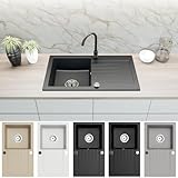 Faizee Home | Spülbecken Granit Schwarz 75x44 cm | Hochwertige Küchenspüle & Einbauspüle | Eckiges Spülbecken | Beidseitig montierbare Granitspüle | Einbaugranitspüle ab 45 cm | Inkl. Siphon-Set