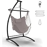 C Type Hängesessel mit Gestell, Schwarz Hängemattengestell und Grau Hängeschaukel, Stoffschaukel mit Bequemen Kissen, Hängesessel Outdoor, Hängemattenständer für Balkon, Terrasse, hält bis zu 150kg