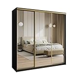 Masseno Schwebetürenschrank Rien 200/205/60 cm Kleiderschrank mit Schubladen Schlafzimmer Schiebetürenschrank 3-türig mit Spiegel Schwarz + Gold