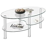 LIFEZEAL Couchtisch Glas, Glastisch 3 Ebenen, Wohnzimmertisch oval mit Metallgestell, Kaffeetisch Sofatisch für Wohnzimmer & Büro, Modernes Design 90x50x45cm (Transparent)