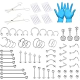 NIUSIMAN 85 Stück Piercing Set Chirurgenstahl mit Klemmhandschuhen Körperpiercing Werkzeugset für Bauchnabel Zunge Brustwarze Augenbraue Lippe Septum Nase Ohr Piercing-Silber