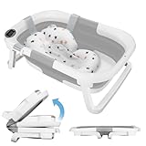 Groß Faltbare Babywanne mit Badematte, Baby Badewanne mit Integriertem Thermometer, Baby Wanne mit Duschkopfanschluss, Platz Sparen, Ergonomisch, Tragbare Badewanne Baby für Babys von 0-36 Monaten