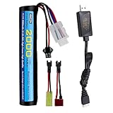 AMZZN 11.1V 10C 2000mAh SM-2P Stecker Li-Ionen Batterie mit T-Stecker, Odamiya Stecker Konvertierungskabel und USB Ladekabel für Spielzeugpistole Airsoft Gel Bead Blaster Backup Batterie