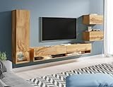 MINIO go for it - Wohnwand 4-Teilig Set Amy, Wandschrank Hängend, Laminierte Spannplatte, Farbe: Wotan Eiche - mit LED Beleuchtung