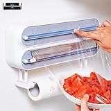 Wandrollenhalter Küche 3-Fach Folienschneider - Verbessert Magnetischer Folienspender, Frischhaltefolie Schneider mit Küchenrollenhalter, Quasziwa Alufolienabroller mit A Rolle 50M Plastikfolie, Weiß