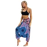 Mucee Damen-Fischerhose, Haremshose, Boho-Yogahose, tiefer Schritt, lässige Strandhose, Mehrfarbig-4, One size