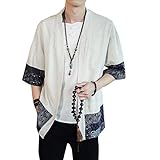 Siehin Herren Japan Happi Kimono Haori Jacke Übergangsjacke Baumwolle Leinen Mäntel (M (Label:XL), Weiß)