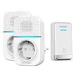 TECKNET Türklingel Batterielose, Steckdosen-Funkklingel Wasserdicht Drahtloses Funk Türklingel mit 2 EU-Steckdose, 400m, 60 Laute Melodien, 5 Lautstärke Stufen, LED-Blinken