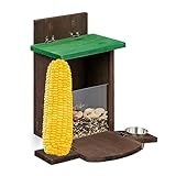 Relaxdays Eichhörnchen Futterhaus, Holz, Eichhörnchenfutterstation mit Maiskolbenhalter, Napf, Sitzplattform, braun/grün